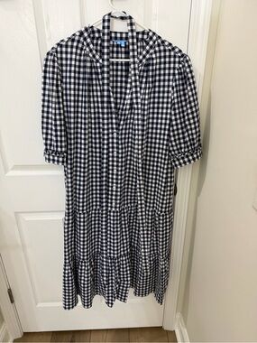 Draper James Navy and White Gingham Tiered Button-Front Dress